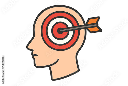 Target and arrow in human head. Concept of focus, goal, concentration, mindset, and purpose. Business strategy, marketing audience. Psychology, mental health, achieving success.