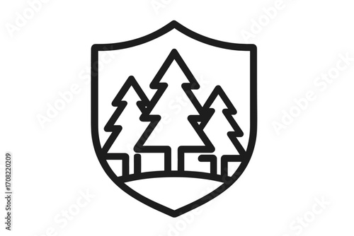 Shield with pine trees icon. Forest protection symbol. Nature conservation concept. National park logo or emblem. Outdoor adventure badge. Simple line art vector illustration.