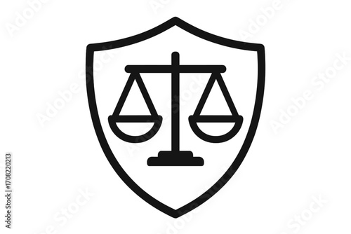 Law and justice concept. Legal protection and defense symbol. Scales of justice in a shield icon. Attorney, lawyer, and court pictogram. Equality, rights, and balance.