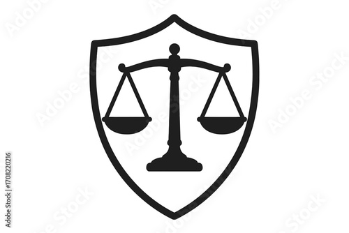 Law and justice shield icon with scales of justice. Legal protection and defense symbol. Court, lawyer, and attorney logo. Equality, rights, and judgment vector illustration.