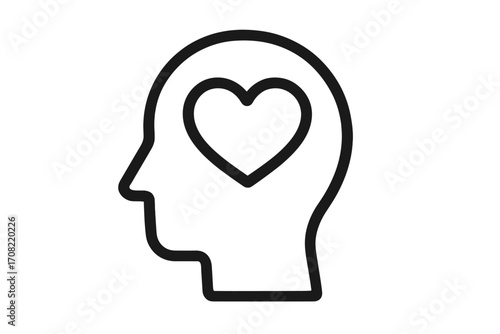 Head with heart inside icon. Love, emotion, feeling concept. Psychology and mental health. Positive thinking, empathy, compassion, and self-love. Vector line symbol.