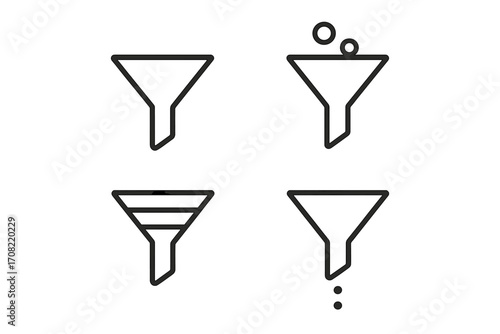 Sales funnel icon set for marketing conversion. Lead generation pipeline and data filtering process. Minimalist thin line vector icons for web design and business apps.