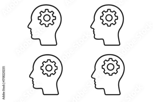 Thinking process icon set. Head with gear inside. Human profile with cogwheel. Brainstorming, strategy, and intellect symbol. Mental work. Vector line art illustration.