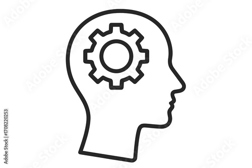 Human head with gear line icon. Concept of thinking process, brainstorming, solution and innovation. Psychology, mental health and intelligence symbol. Vector illustration.
