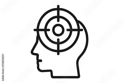 Target in head concept. Mental goal and focus. Psychology of achievement. Human head silhouette with bullseye. Business strategy, aim, objective. Customer targeting metaphor.