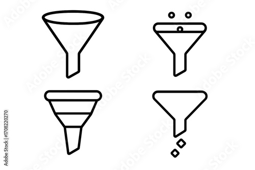 Sales funnel icon set for marketing conversion. Data filtering, lead generation process. Simple linear outline icons for business websites, apps, and infographic design.