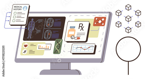 Medical dashboard on a monitor integrates patient history, genomics, medication data, and analytics. Ideal for healthcare, innovation, research, telemedicine, informatics genetics data-driven