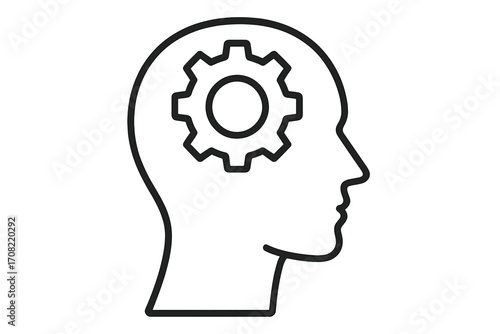 Thinking process icon with head silhouette and gear. Mental health and psychology concept. Brainstorming, creativity, idea generation. Intellectual work metaphor. Solution symbol.