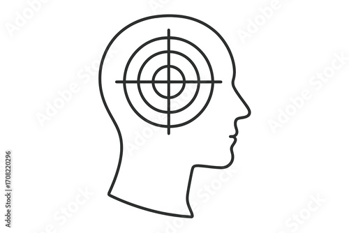 Target in head. Metaphor for having a goal, focus, purpose, concentration. Psychology concept of mindset, objective, and aiming. Vector for mental health, stress, or pressure.
