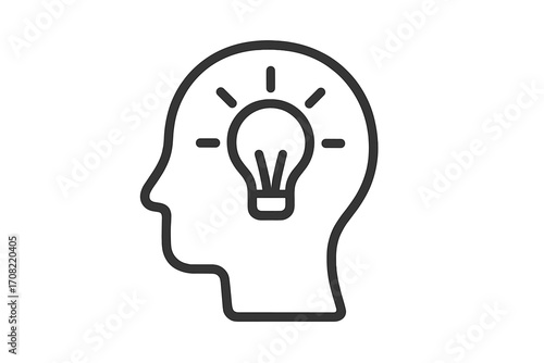 Minimalistic thin line icon of human head with light bulb idea concept, innovation and creativity symbol, mental inspiration, brain thinking, web and graphic design vector illustration