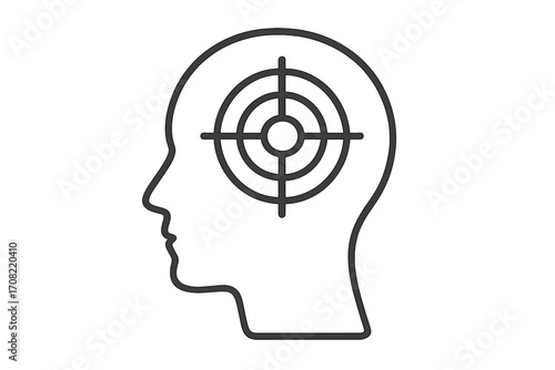Target in human head outline, focus concept icon, mental goal achievement, psychology symbol, aim for success, mind concentration vector, linear design for apps, web, ads, and cards