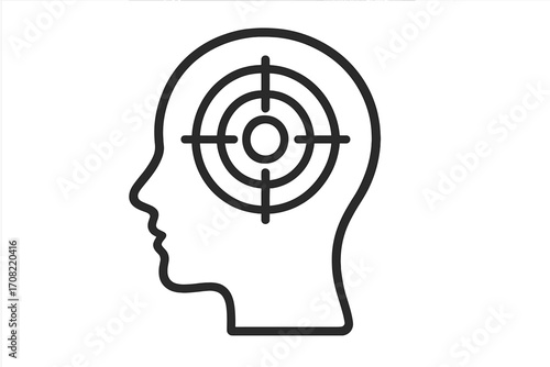 Target in head outline linear icon, mental focus, psychology concept, goal achievement, aiming at mind, focus symbol, target brain illustration, mental clarity, concentration vector