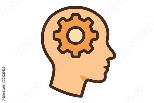 Gear in head icon vector. Thinking process and brainstorming concept. Human head silhouette with cogwheel. Mind mechanism, psychology, mental health and solution symbol.