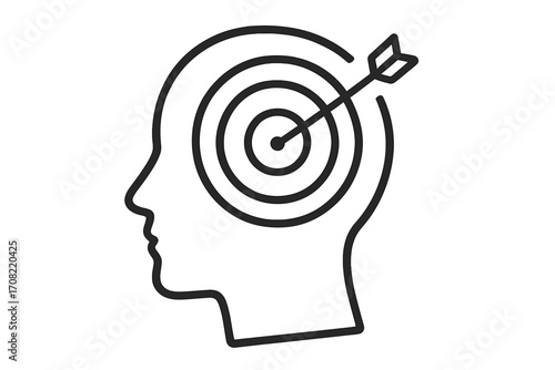 Target in head outline linear symbol, focus, mind goals, precision thinking, mental concentration, bullseye arrow in head silhouette, success concept, vector illustration