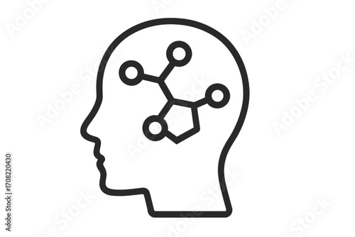 Human head silhouette with molecular structure inside, concept of mental chemistry, brain science, cognitive connections, psychology illustration for designs, apps, adverts, and books