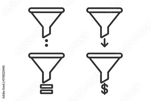 Sales funnel line icon set. Business marketing conversion concept. Lead generation, data filtering, and monetization process. Vector illustration for finance pipeline.