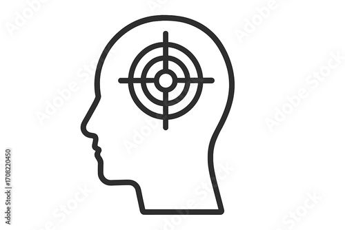 Target in head outline linear icon, focus and goal concept, mental concentration symbol, psychology, mind targeting, precision aim, strategy and planning, neuroscience graphic