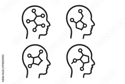 Target symbol inside human head outline, mental focus and goal concept, brain connection, cognitive network, mind mapping, neuroscience illustration, psychology vector set