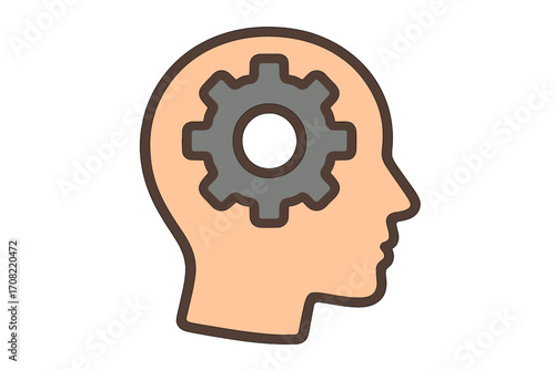 Gear in head icon representing the thinking process, brainstorming, ideas, and problem-solving. Vector symbol for psychology, mental health, creativity, and innovation.