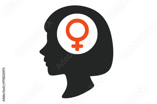 Female mind symbol with female gender icon inside head silhouette, female empowerment concept, woman profile with feminist sign, gender equality illustration, mental health and women rights