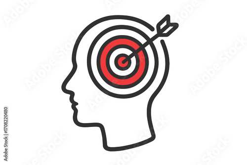 Gear in head outline with target and arrow concept, business goal achievement, mental focus and strategy, simple linear icon for websites, apps, books, cards, editable stroke vector illustration