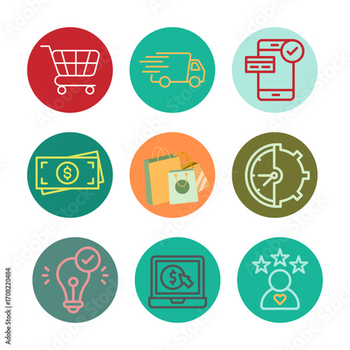 Business shopping and finance web icons set with flat computer and media symbols for internet technology illustration design