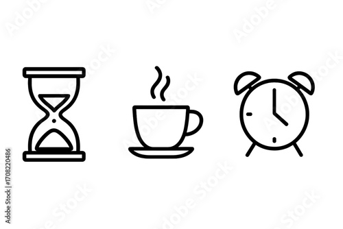 Simple linear time icons set with hourglass, steaming coffee cup, and classic alarm clock for break time, productivity, schedule, and daily routine concepts, vector illustration