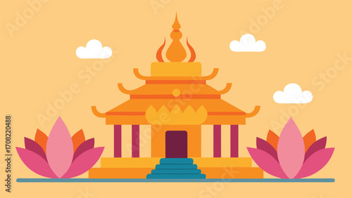 Vibrant traditional thai temple illuminated by golden light with blooming lotuses