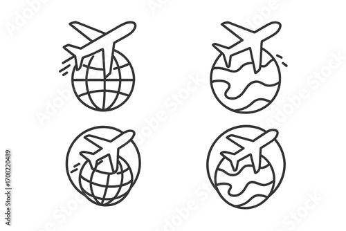 Airplane travel icon set. Global flight and international tourism concept. Thin line plane over world globe symbol for transport logistics, booking app and web design.