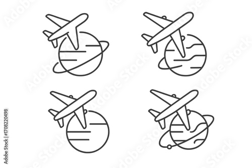 Airplane flying around globe icon set. International travel and transport concept. Thin line vector icons of world flight, tourism, journey, and aviation. Editable stroke.
