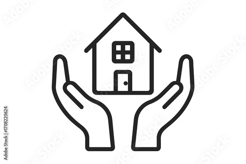 Global delivery concept linear outline icon, vector cartoon illustration with hands holding a house, shipping and shipping protection, graphic design, web, apps, adverts, cards