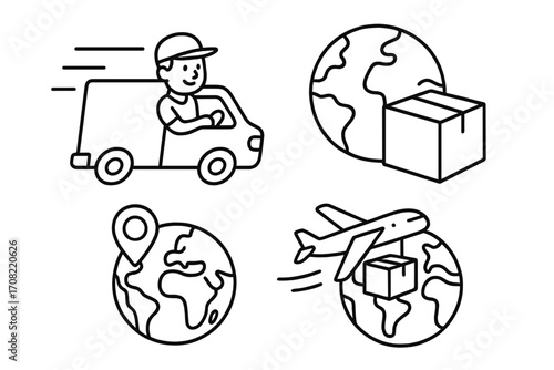 Global delivery outline linear vector icons set with fast courier van, airplane shipping packages worldwide, location pin on globe, international express parcel transport concept illustration