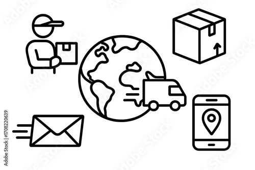 Global delivery outline linear icon set with courier, package, van, envelope, smartphone location symbol. Shipping, logistics, express mail, online order tracking, vector illustration