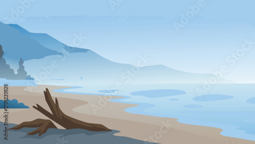Tranquil foggy morning beach with driftwood vector illustration serene ocean landscape