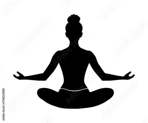 black silhouette of a woman sitting in a meditation pose with her arms outstretched