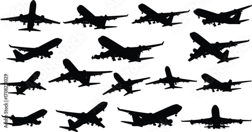 Airplane silhouettes, aircraft in flight, landing gear extended, aviation vector, black plane icons, flight positions, jet views, side angle, front view, angled aircraft