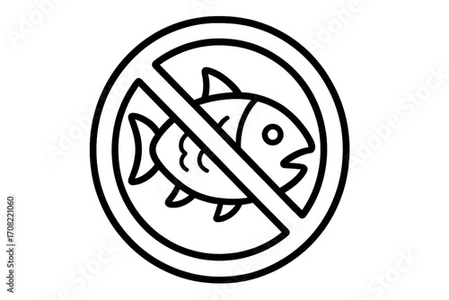 No fish allowed sign. Prohibition symbol with crossed circle and fish icon. Fishing banned icon, aquatic life restriction sign, environmental protection, vector illustration for design and apps.