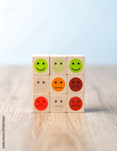 Wooden blocks with various smiley faces representing customer feedback