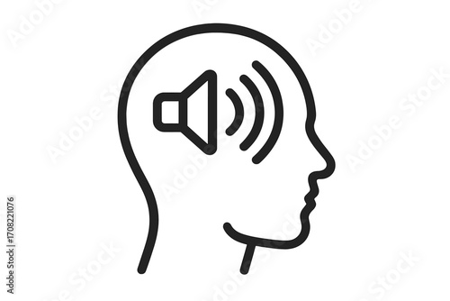 Human head silhouette with sound waves and speaker icon, audio concept, voice recognition, mental focus, listening, hearing, communication symbol, technology vector illustration