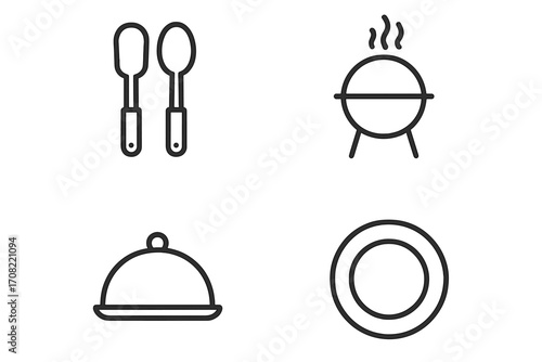 Line icon set of cooking utensils including spatula, spoon, barbecue grill, covered dish cloche, and plate vector illustration for kitchen, food, dining concepts, apps, and graphics