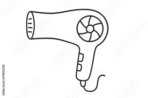 Hair dryer line art vector illustration for graphics, apps, and design. Cartoon style hairdryer outline with transparent background. Home beauty tool icon concept.