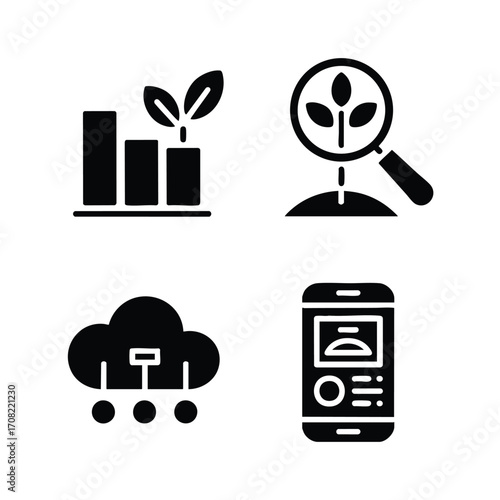 Data and analytics in agriculture icon set, 4 icons bar chart with a leaf, magnifying glass on a plant, cloud data, mobile app interface.