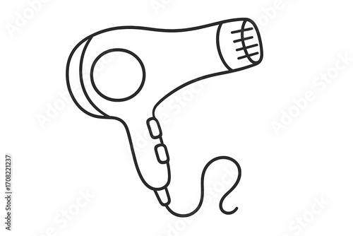 Line art hair dryer vector illustration. Hair styling tool icon with power cord. Beauty salon appliance graphic for apps, web, and design. Transparent background.