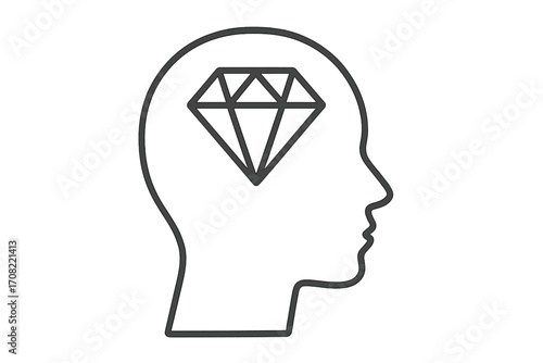 Human head silhouette with diamond symbol inside, mental clarity concept, intelligence icon, creative thinking illustration, line art vector, transparent background