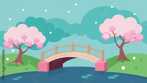 Tranquil garden scene with stone bridge cherry blossoms and peaceful river illustration