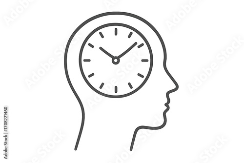 Human head silhouette with clock face inside, time concept, mental clock illustration, time management idea, linear thin line style, vector cartoon transparent background