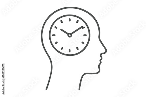 Human head silhouette with clock inside, time concept, mental focus and mindfulness symbol, psychological timing illustration, linear thin line vector, transparent background