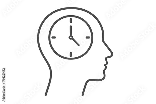 Human Head Outline with Clock Inside Representing Time Management, Mind Concept, Psychological Timing, Mental Focus Illustration, Linear Vector Design, Transparent Background