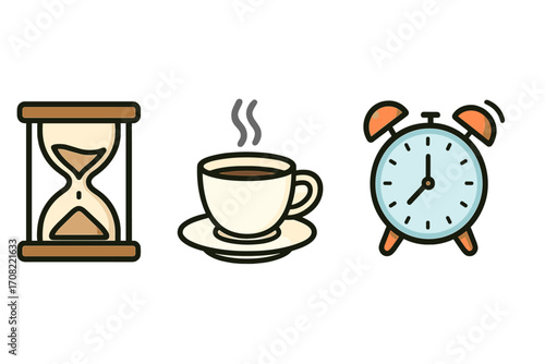 Minimalistic linear illustrations of time concept with hourglass, hot coffee break, and ringing alarm clock icons, vector cartoon style for graphics and app design