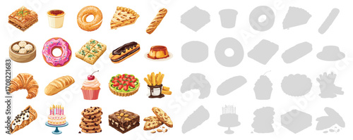Bakery collection with bread, pastry, cake, cookie, and sweet dessert, colorful traditional baked goods, delicious food illustration, detailed vector design